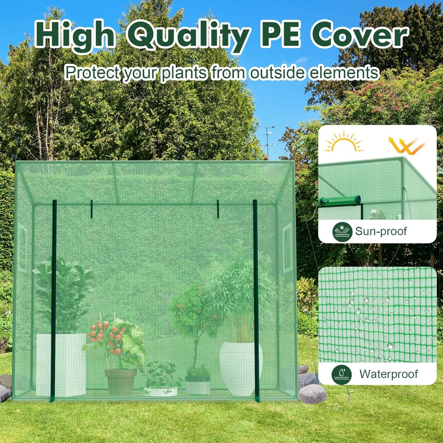 Portable Mini Greenhouse, Walk-in Greenhouse w/PE Cover, 4 Wind Ropes & Ground Stakes, Roll-up Zipper Door, Double-Layer Screen Windows, Greenhouses