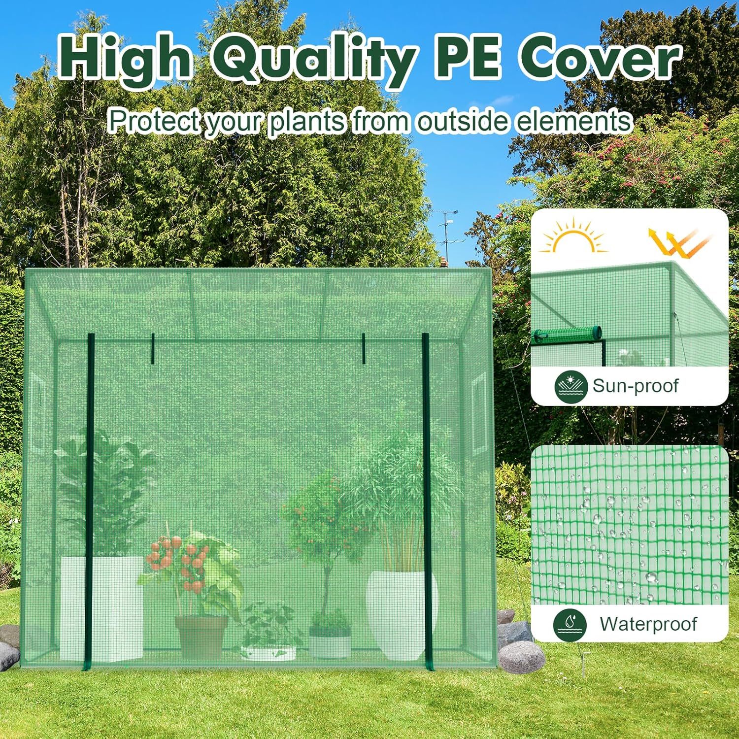 Portable Mini Greenhouse, Walk-in Greenhouse w/PE Cover, 4 Wind Ropes & Ground Stakes, Roll-up Zipper Door, Double-Layer Screen Windows, Greenhouses