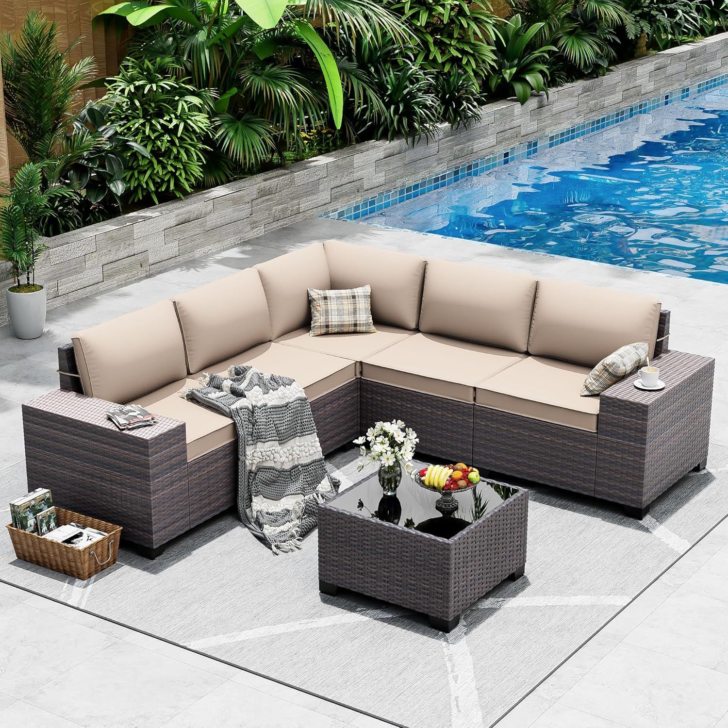 6 Pieces Outdoor Sectional Furniture High Backrest Patio Sofa, All-Weather PE Rattan Patio Conversation Set