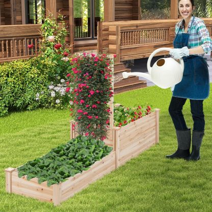 Raised Garden Bed with Trellis, Wood Garden Box w/Open Base Design & 2 Compartments, Outdoor Wooden Planter Box Kit for Vine Climbing, Fruits, Vegetables, Flowers, Herbs
