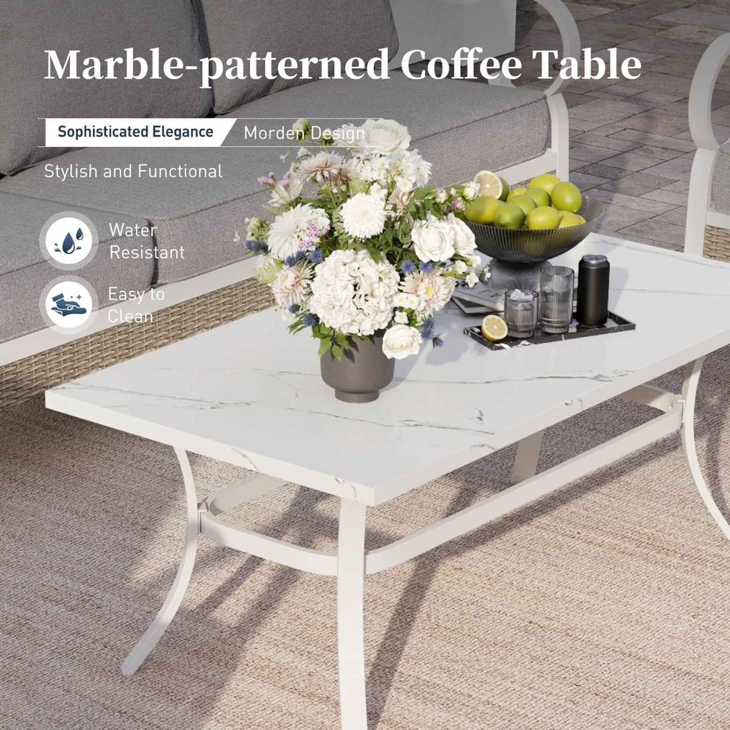 4 Piece Metal Outdoor Patio Furniture Set, Patio Conversation Sets 1 2-Seater Sofa, 2 Single Sofa with 5.75" Extra Thick Cushion and Coffee Table