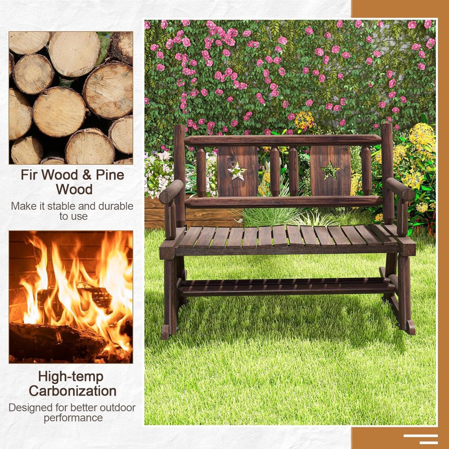 Outdoor Wood Rocking Bench Carbonized Double Rocking Chair for 2 Persons with Wide Curved Seat, Porch Rocker for Porch, Garden, Backyard, 710LBS Capacity, Rustic Brown