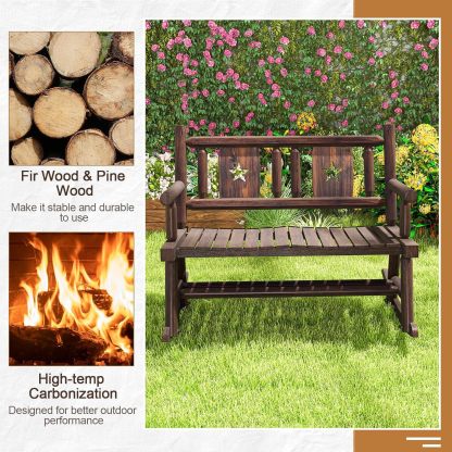 Outdoor Wood Rocking Bench Carbonized Double Rocking Chair for 2 Persons with Wide Curved Seat, Porch Rocker for Porch, Garden, Backyard, 710LBS Capacity, Rustic Brown