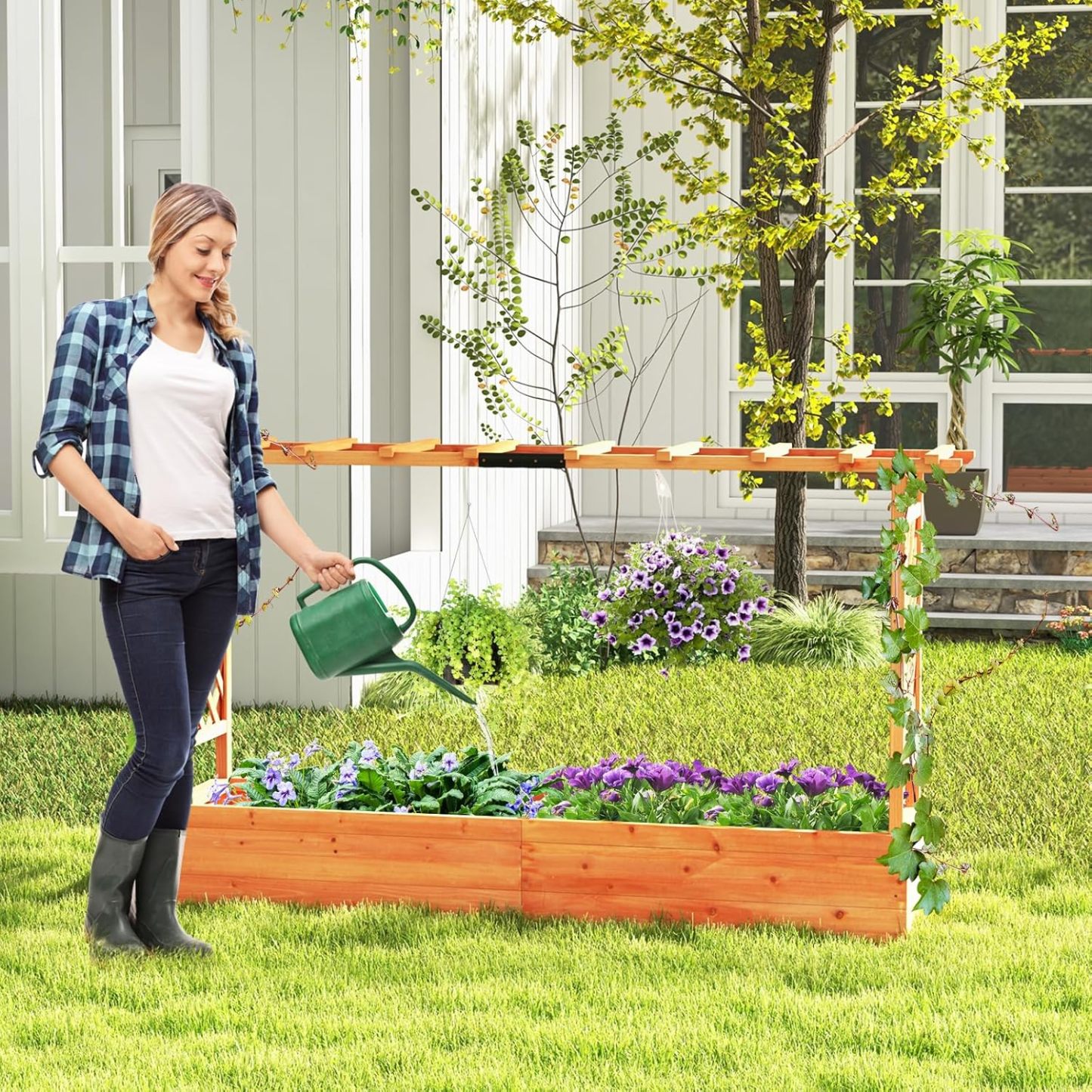 Raised Garden Bed with Trellis, Freestanding Wood Planter Box w/Hanging Roof & 8 Drainage Holes for Vine, Climbing Plants, Flowers, Outdoor Planter with Trellis