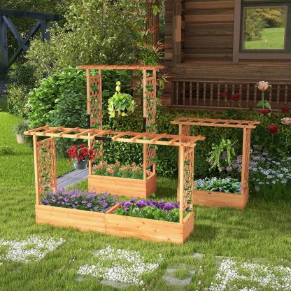 Raised Garden Bed with Trellis, Freestanding Wood Planter Box w/Hanging Roof & 8 Drainage Holes for Vine, Climbing Plants, Flowers, Outdoor Planter with Trellis