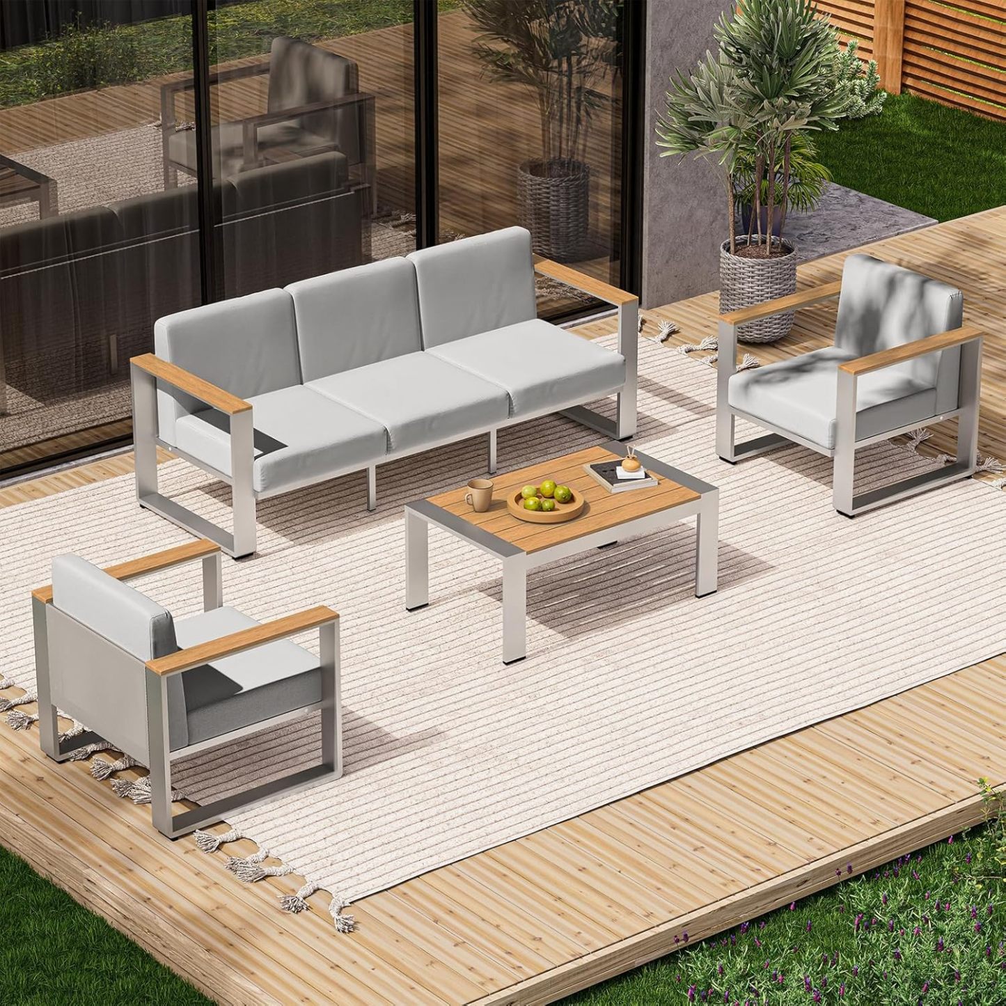 5 Seats Outdoor Patio Conversation Sets with Ergonomic Seat and Wide Washable Thick Cushions