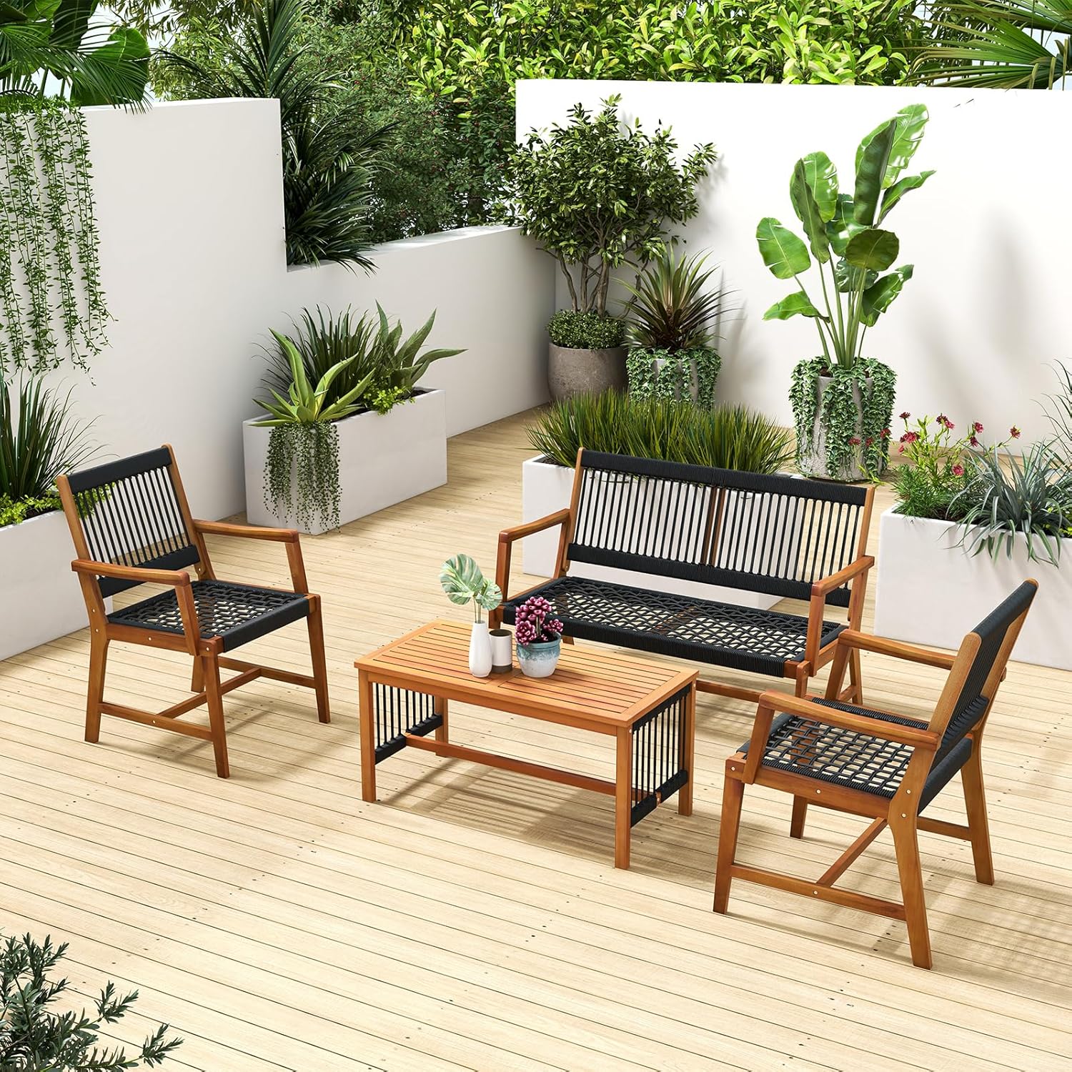 4 Pieces Patio Furniture Set Acacia Wood Conversation Set with Hand-Woven Rope Design, Ergonomic Loveseat & Single Chairs