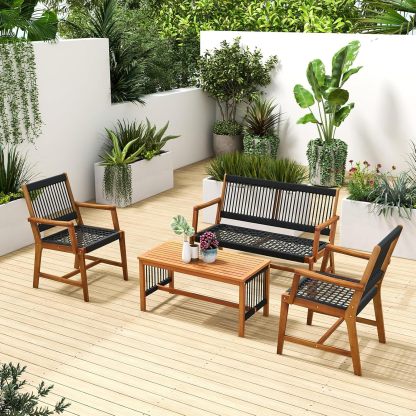 4 Pieces Patio Furniture Set Acacia Wood Conversation Set with Hand-Woven Rope Design, Ergonomic Loveseat & Single Chairs
