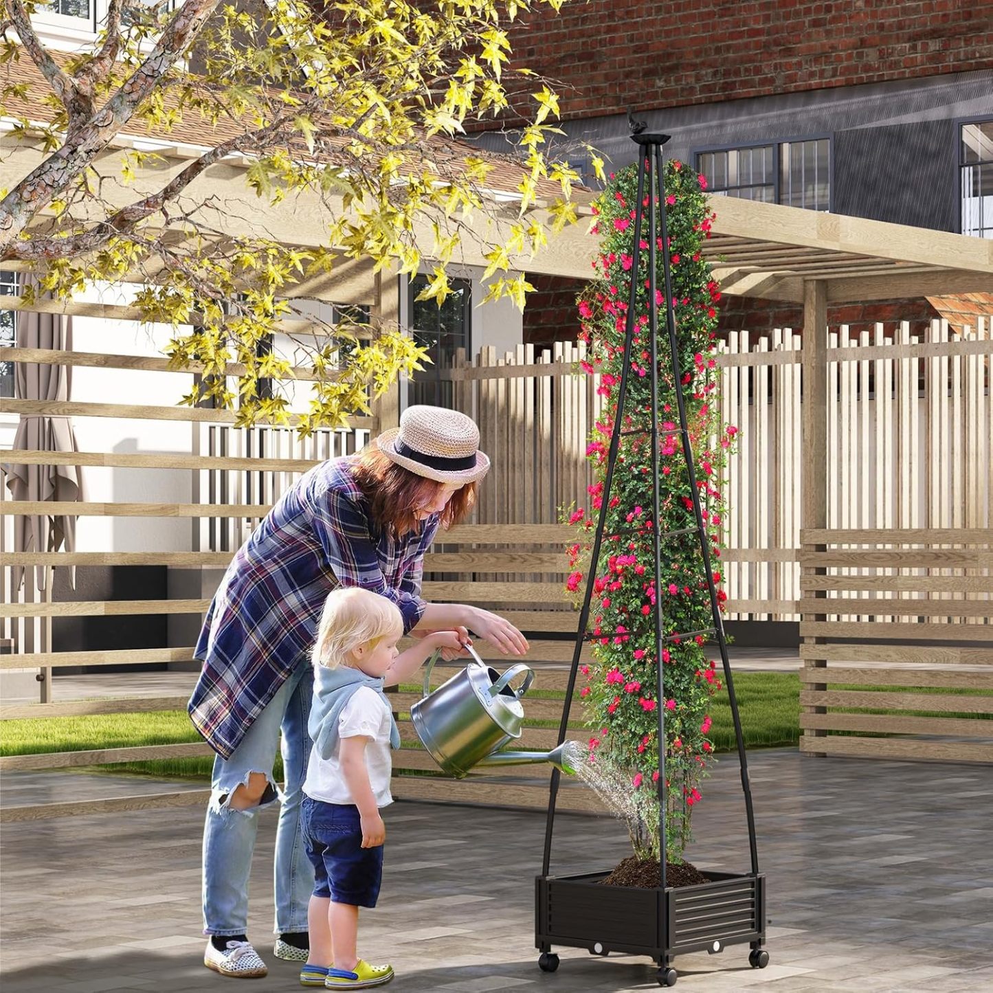 81” Garden Obelisk Trellis for Climbing Plants, Tall Plant Support w/Self-Drainage System, Adjustable Size & Wheels for Vines Fruits Flowers, Indoor Outdoor Tomato Cage Tower for Yard Lawn