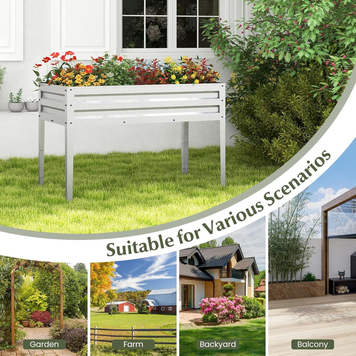 Raised Garden Bed, Freestanding Planter Box w/Drainage Holes, 4 Supporting Legs, 2 Gloves, Galvanized Planting Bed for Garden, Backyard & Patio