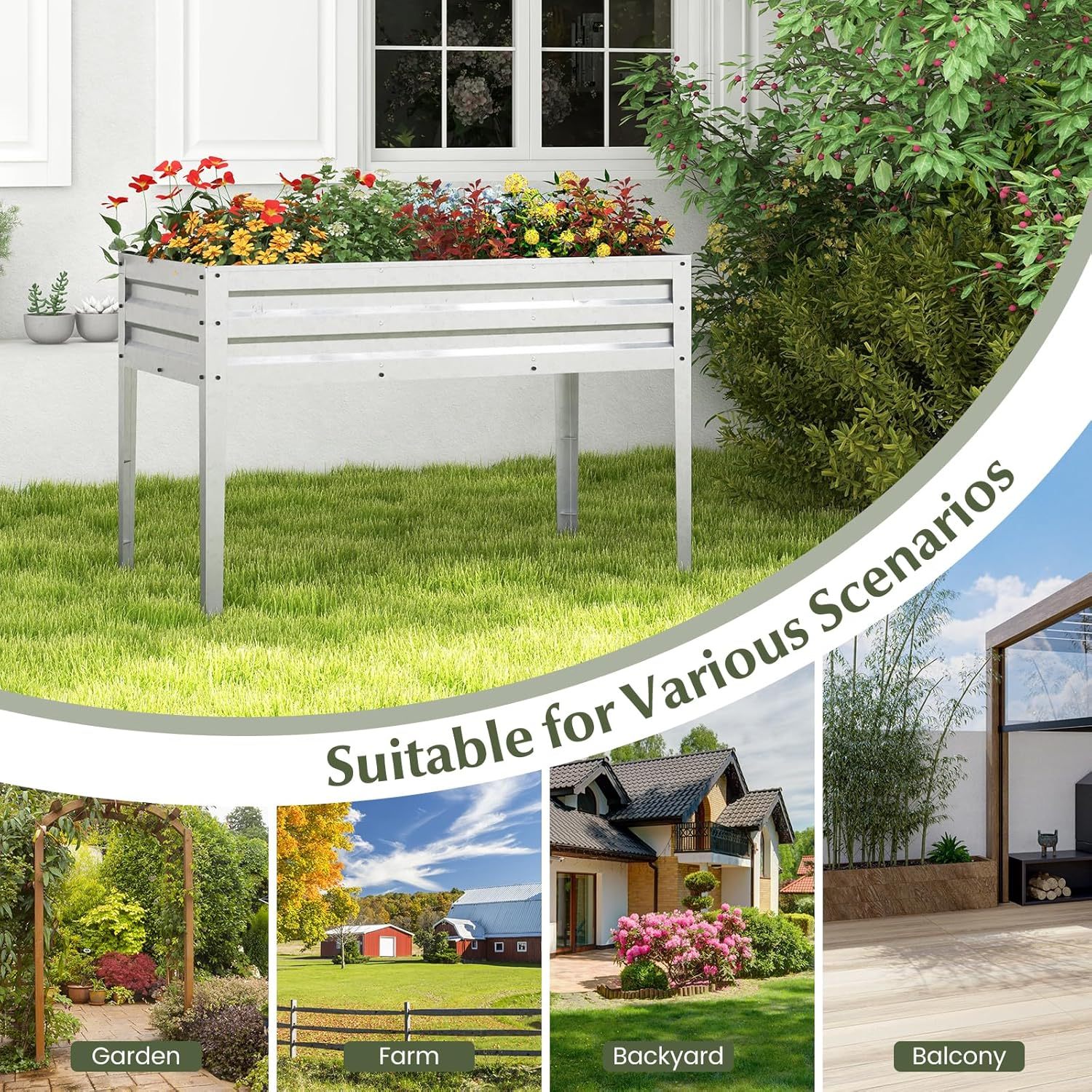 Raised Garden Bed, Freestanding Planter Box w/Drainage Holes, 4 Supporting Legs, 2 Gloves, Galvanized Planting Bed for Garden, Backyard & Patio