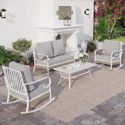 4 Piece Metal Outdoor Patio Furniture Set, Patio Conversation Sets 1 2-Seater Sofa, 2 Single Sofa with 5.75" Extra Thick Cushion and Coffee Table
