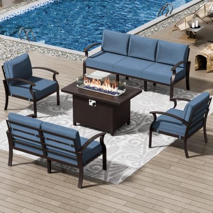 5-Piece Aluminum Armrest Sofa, Modern Outdoor Living Room Set with 55000 BTU Propane Aluminum Fireplace