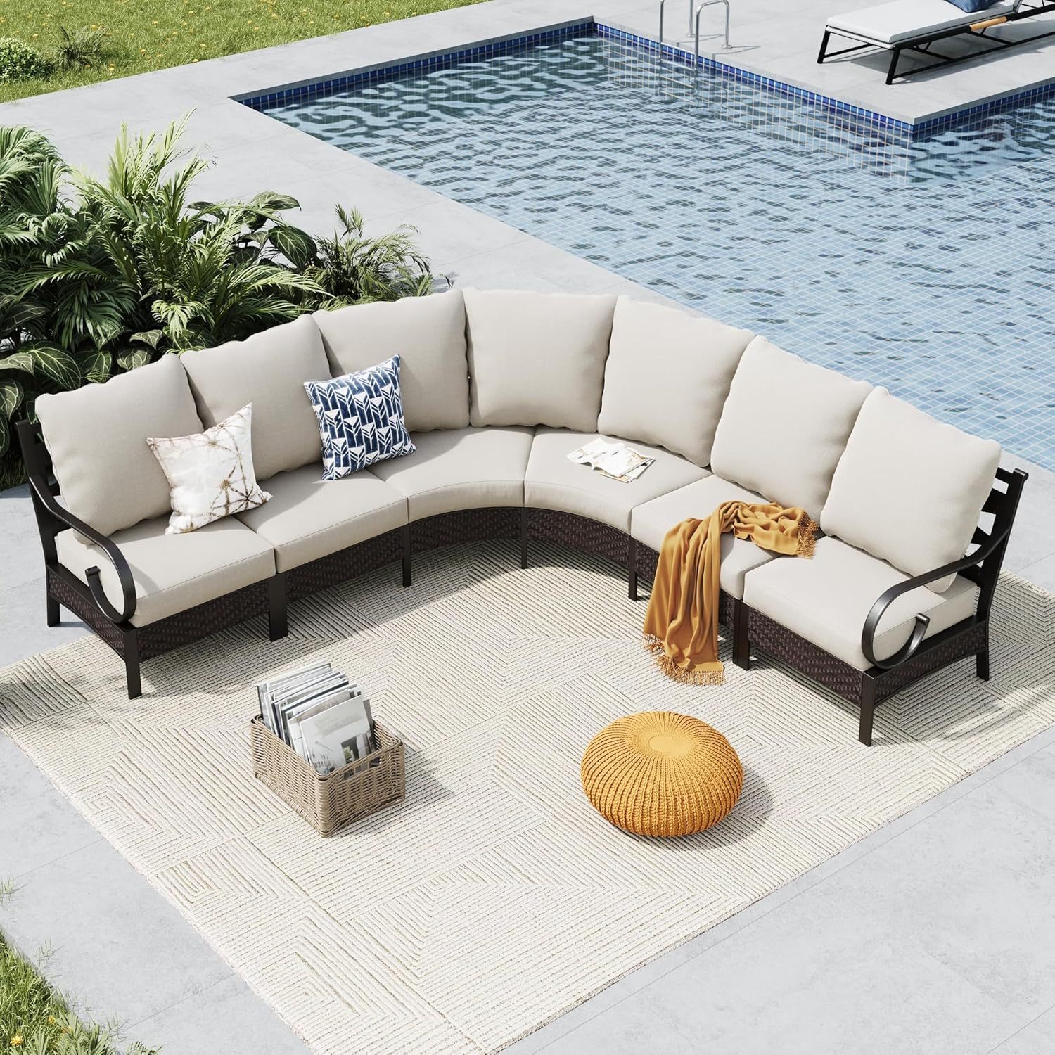 6 Seats Half-Moon Curved Outdoor Sectional Sofa Conversation Set