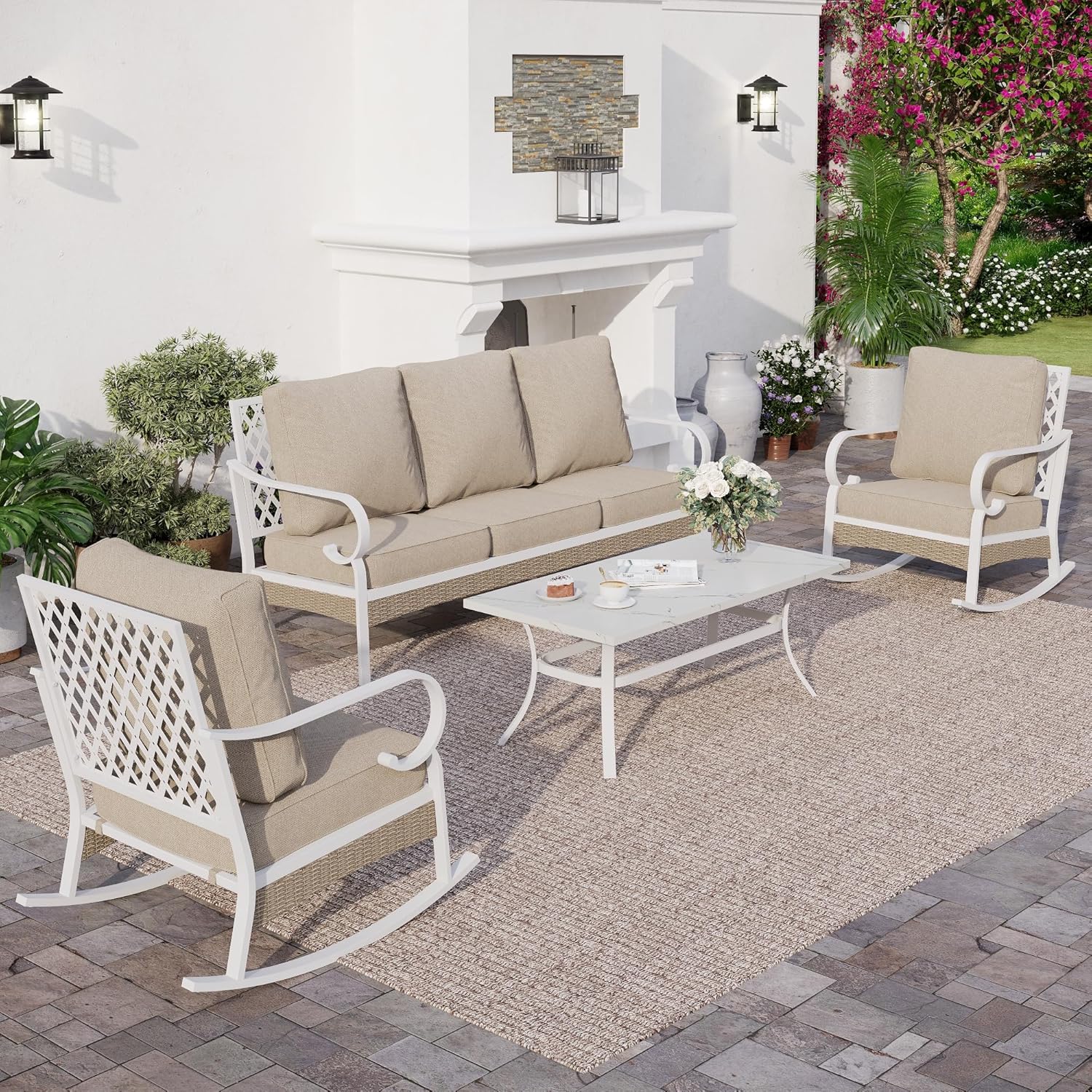 4 PCS Metal Outdoor Patio Furniture Set, Patio Conversation Set 1 3-seater Sofa, 2 Rocking Chairs with 5.75" Extra Thick Cushion and Coffee Table