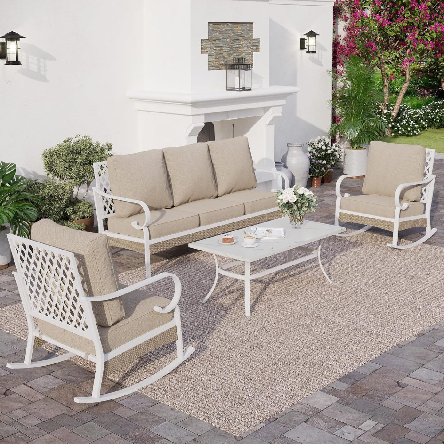 4 PCS Metal Outdoor Patio Furniture Set, Patio Conversation Set 1 3-seater Sofa, 2 Rocking Chairs with 5.75" Extra Thick Cushion and Coffee Table