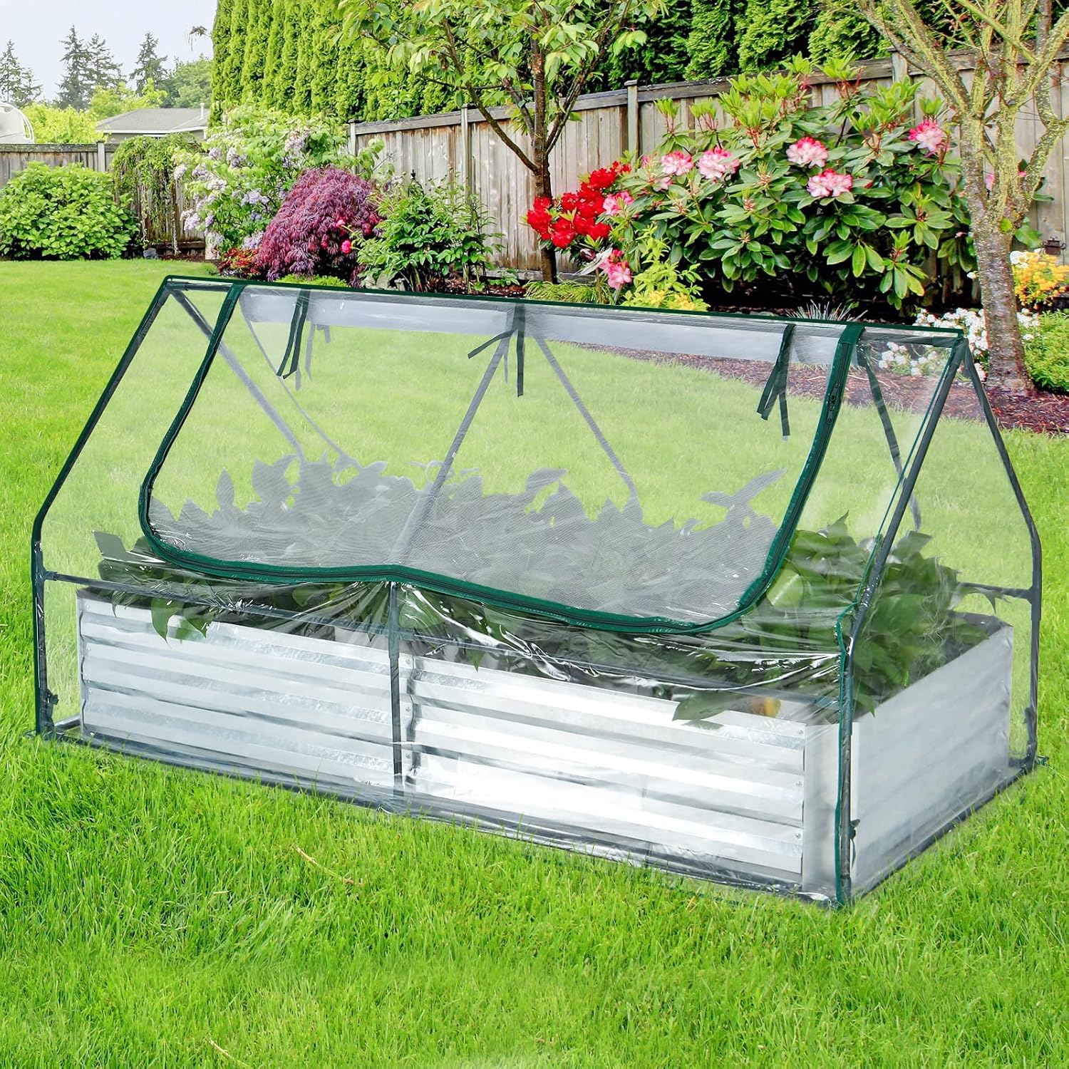 Raised Garden Bed with Cover, Outdoor Raised Planter Box Kit w/2 Large Zipper Mesh Screen Windows, Galvanized Metal Raised Bed Greenhouse for Gardening, Flowers, Vegetables (Silver)