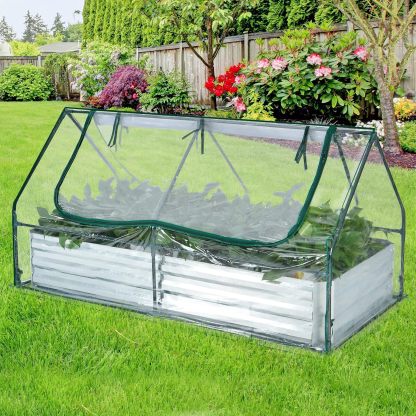 Raised Garden Bed with Cover, Outdoor Raised Planter Box Kit w/2 Large Zipper Mesh Screen Windows, Galvanized Metal Raised Bed Greenhouse for Gardening, Flowers, Vegetables (Silver)