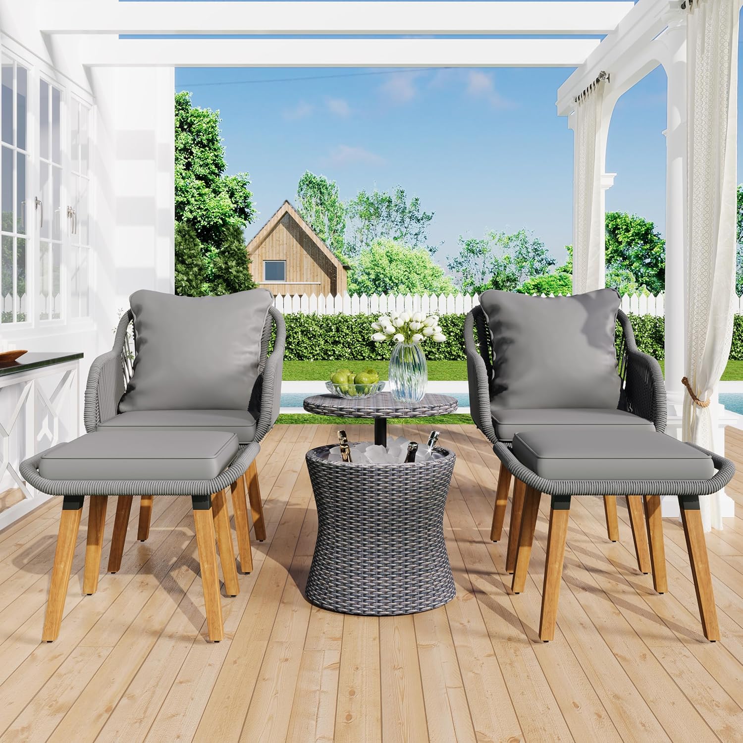 5-Piece Outdoor Patio Furniture Sets - Wicker Chairs and Table Bistro Conversation Furniture Set, Outdoor Conversation Sectional with Ottoman