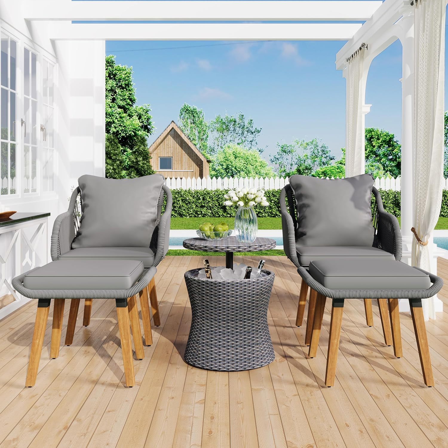 5-Piece Outdoor Patio Furniture Sets - Wicker Chairs and Table Bistro Conversation Furniture Set, Outdoor Conversation Sectional with Ottoman