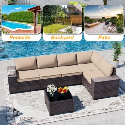 6 Pieces Outdoor Sectional Furniture High Backrest Patio Sofa, All-Weather PE Rattan Patio Conversation Set