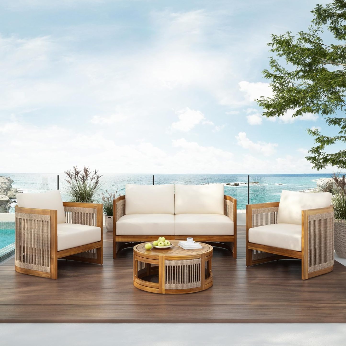 4-Piece Patio Conversation Set, All Weather Sectional Sofa Set w/ 2 Chairs, Loveseat & Table Premium