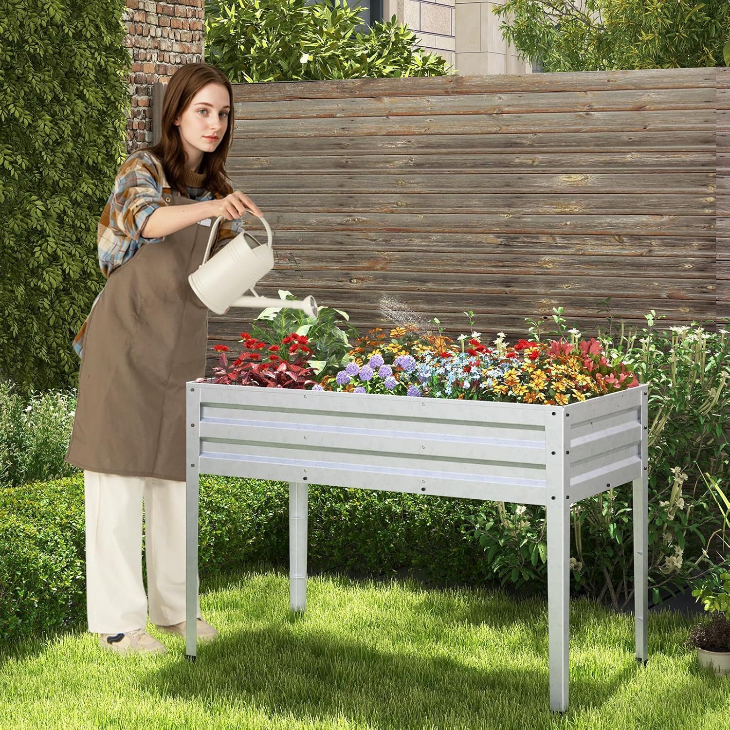 Raised Garden Bed, Freestanding Planter Box w/Drainage Holes, 4 Supporting Legs, 2 Gloves, Galvanized Planting Bed for Garden, Backyard & Patio