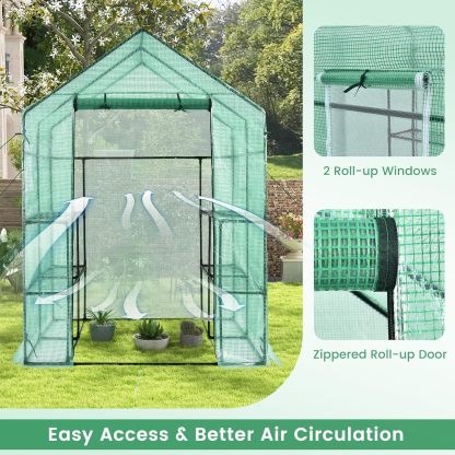Walk-in Greenhouse, Portable Greenhouses for Outdoors w/8 Shelves, Roll-Up Zippered Door, 2 Observation Windows & 2 Tiers, Weather-Proof PE Cover