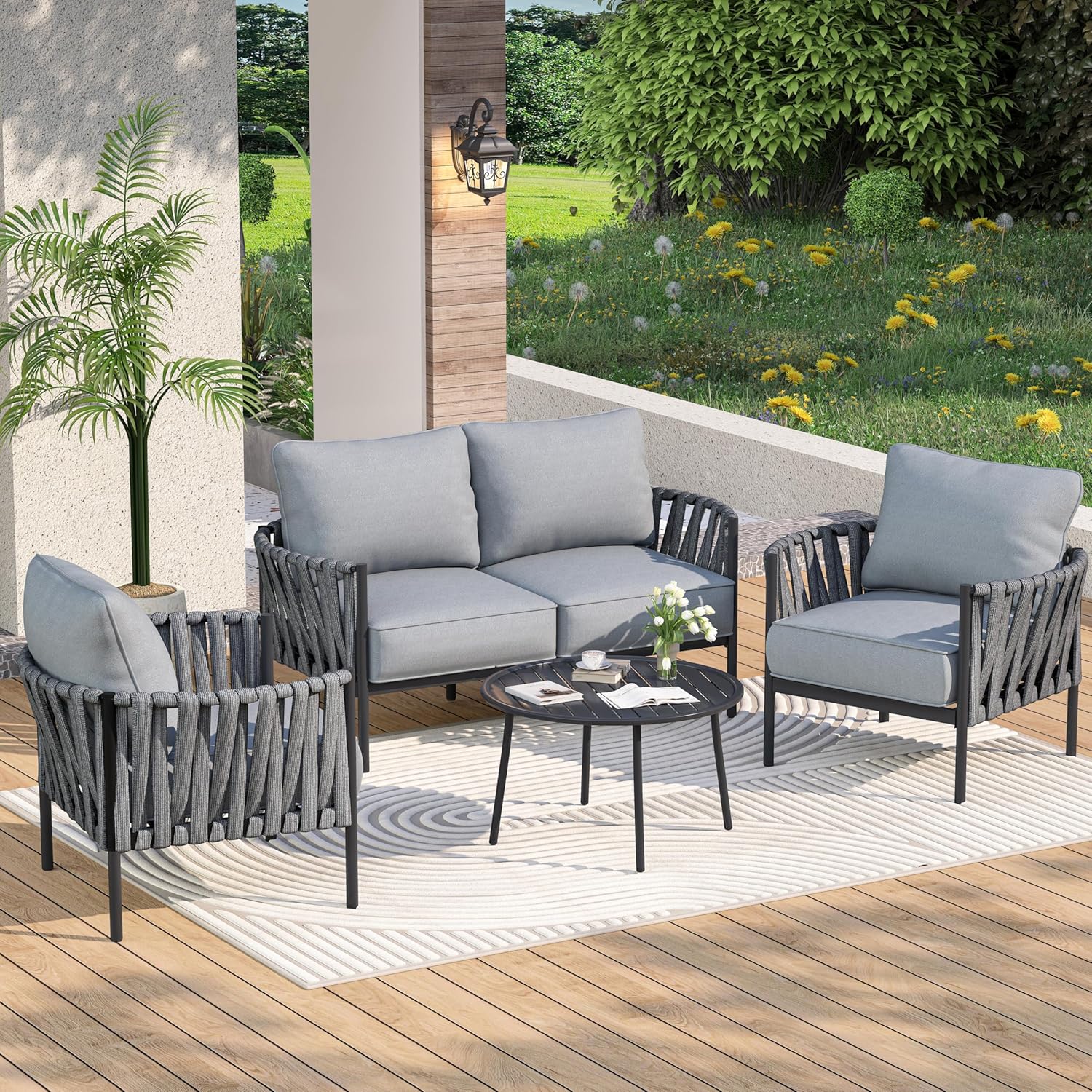 4 Piece Patio Furniture Set, Modern Patio Conversation Set, Outdoor Furniture with Table