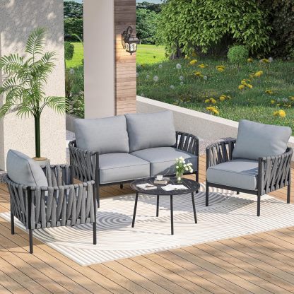 4 Piece Patio Furniture Set, Modern Patio Conversation Set, Outdoor Furniture with Table