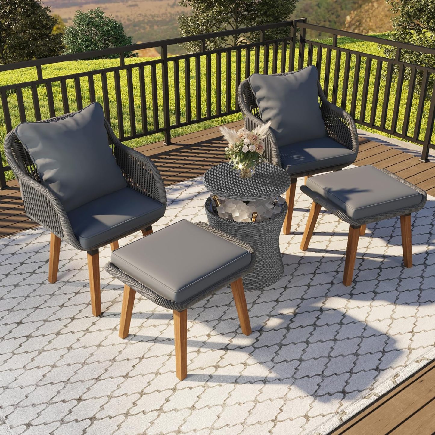 5-Piece Outdoor Patio Furniture Sets - Wicker Chairs and Table Bistro Conversation Furniture Set, Outdoor Conversation Sectional with Ottoman