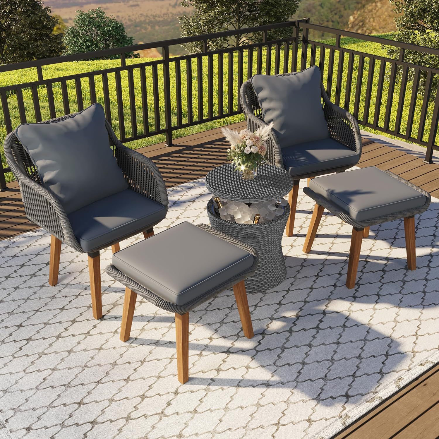 5-Piece Outdoor Patio Furniture Sets - Wicker Chairs and Table Bistro Conversation Furniture Set, Outdoor Conversation Sectional with Ottoman