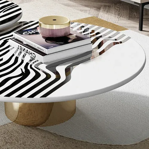Modern Round Coffee Table Set 2-Piece Marble Top & Carbon Steel & Stainless Steel Base