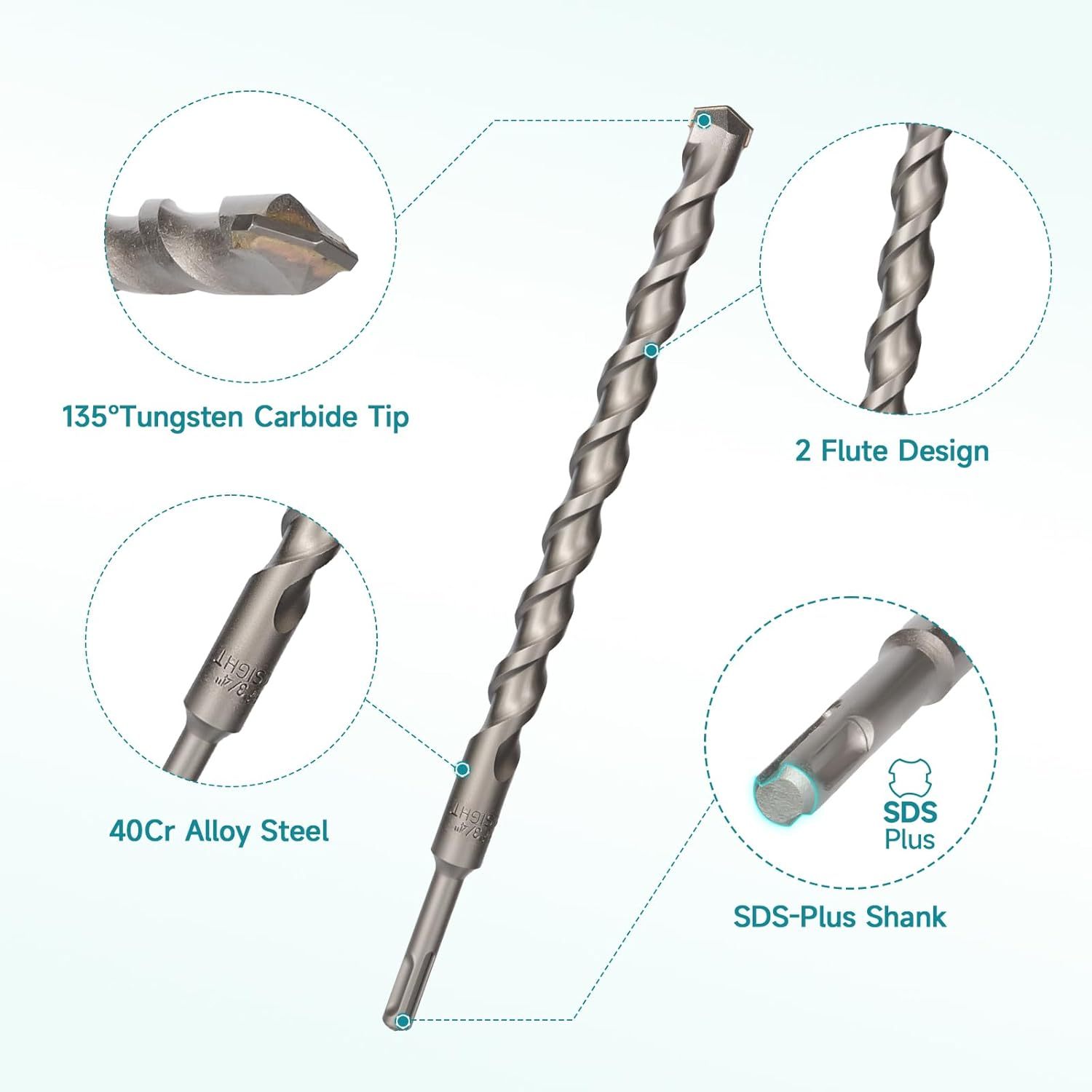 8Pcs SDS Plus Concrete Drill Bit Set – 12" Long Carbide Masonry Bits (1/4", 5/16", 3/8", 1/2", 5/8", 3/4", 7/8", 1") – Includes 1/2 & 5/8 Concrete Drill Bit, Long Bits for Brick & Stone