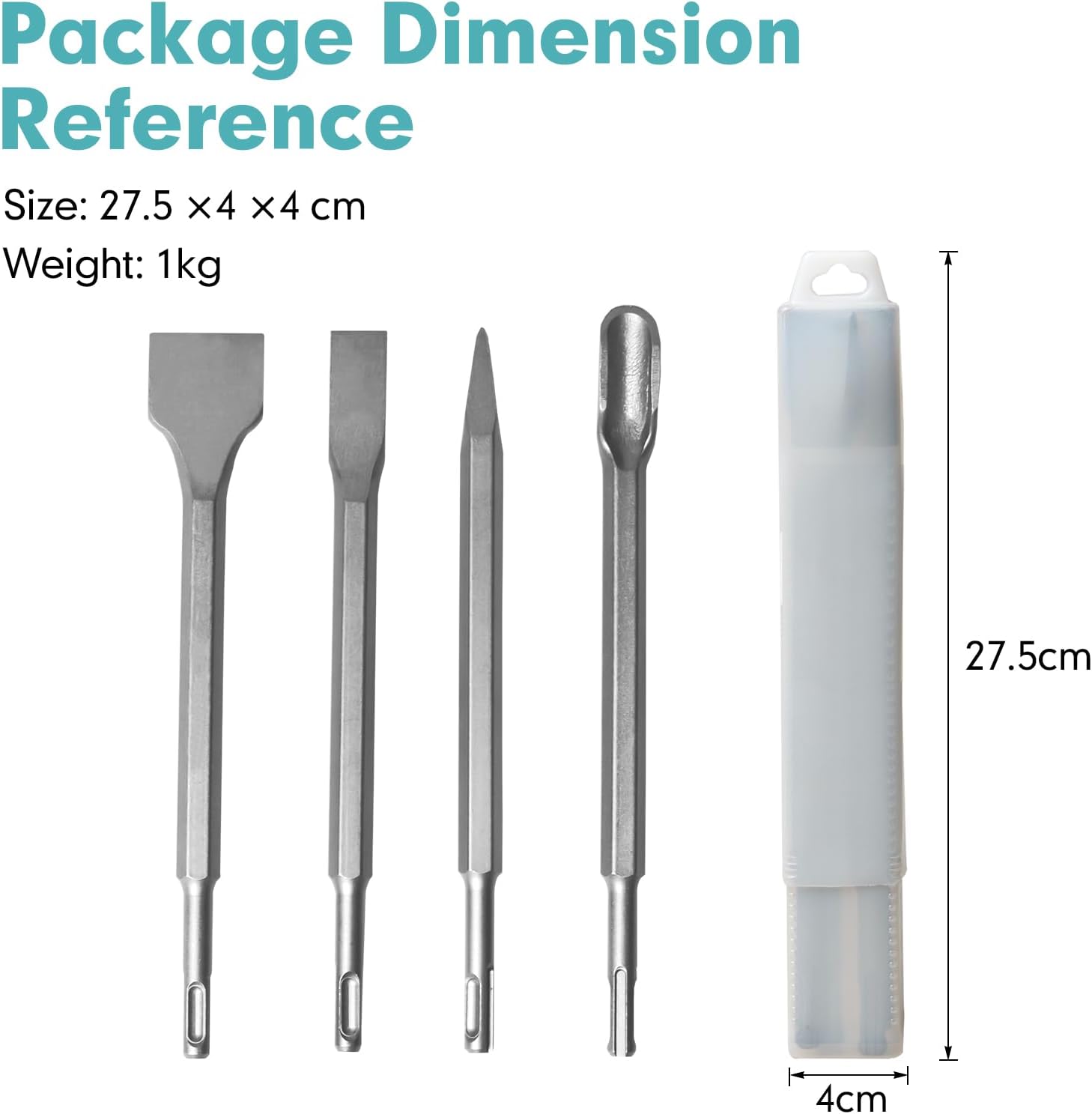 4Pcs SDS-Plus Rotary Hammer Chisel Set - Pointed tip, 20 & 40 mm Flat Blades & 21 mm Scaling Chisel - Carbide Drill Bit Set for Concrete Brick Masonry