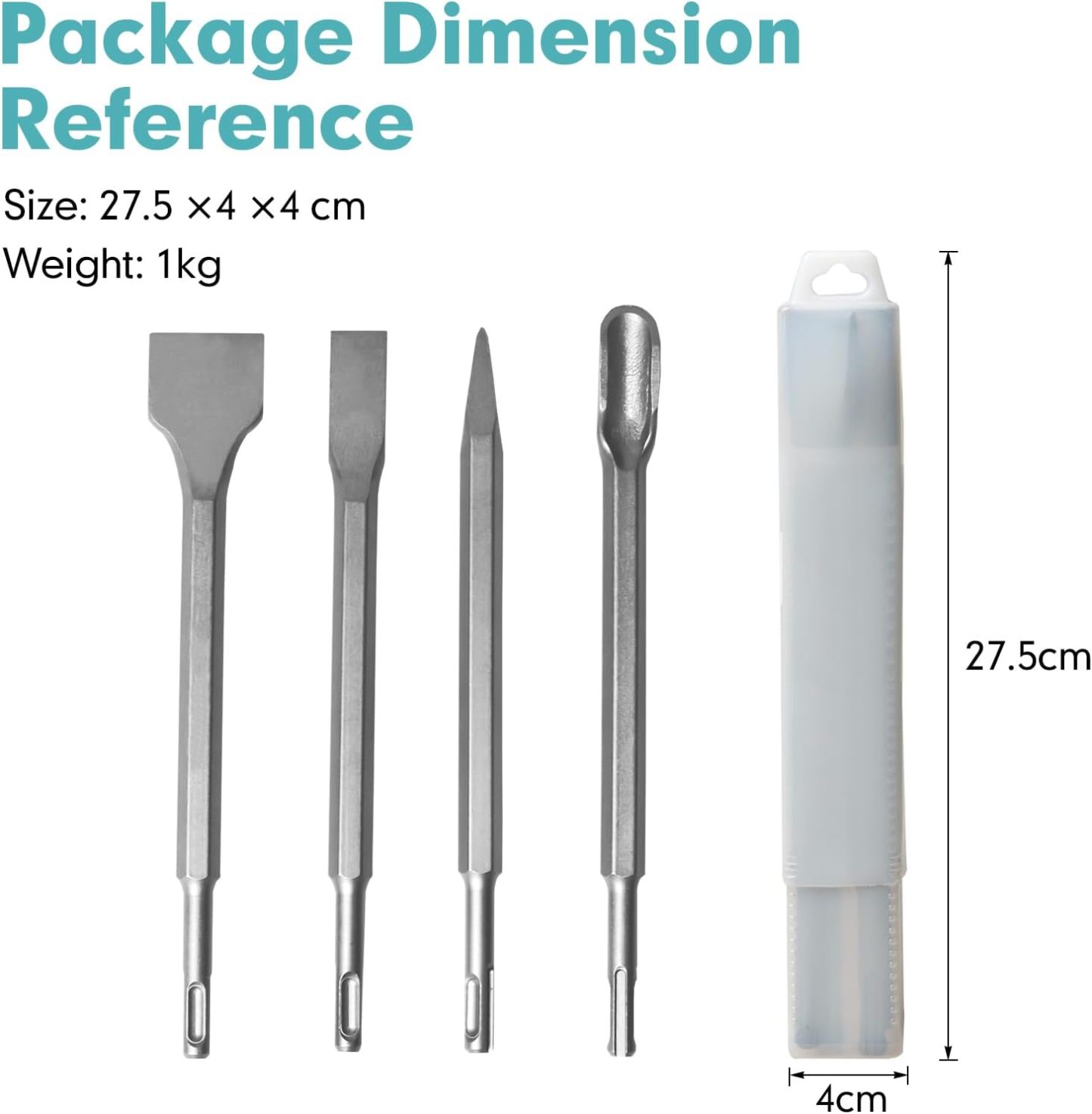 4Pcs SDS-Plus Rotary Hammer Chisel Set - Pointed tip, 20 & 40 mm Flat Blades & 21 mm Scaling Chisel - Carbide Drill Bit Set for Concrete Brick Masonry