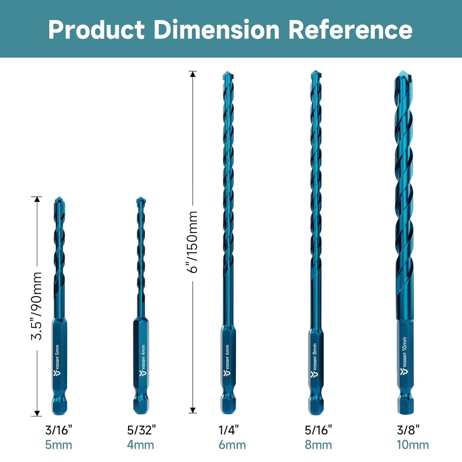 5Pcs Masonry Drill Bit Set, Hex Shank Carbide Tipped Concrete Drill Bit Set, Suitable for Concrete, Brick, Metal, Wood, Plastic Materials(5/32" 3/16" 1/4" 5/16" and 3/8")