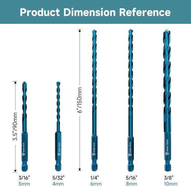 5Pcs Masonry Drill Bit Set, Hex Shank Carbide Tipped Concrete Drill Bit Set, Suitable for Concrete, Brick, Metal, Wood, Plastic Materials(5/32" 3/16" 1/4" 5/16" and 3/8")