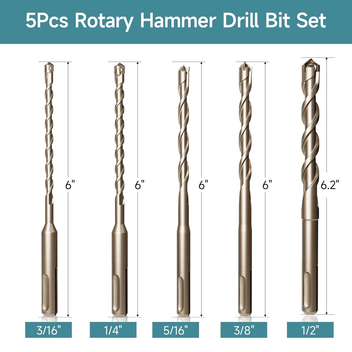 SDS Plus Rotary Hammer Drill Bits Set (3/16" 1/4" 5/16" 3/8" 1/2") Carbide Tipped Masonry Drill Bits for Concrete Brick Cement Stone