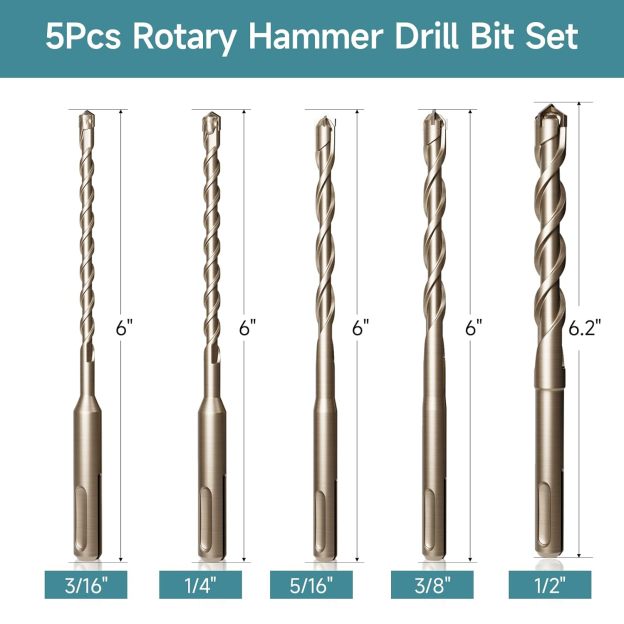 SDS Plus Rotary Hammer Drill Bits Set (3/16" 1/4" 5/16" 3/8" 1/2") Carbide Tipped Masonry Drill Bits for Concrete Brick Cement Stone