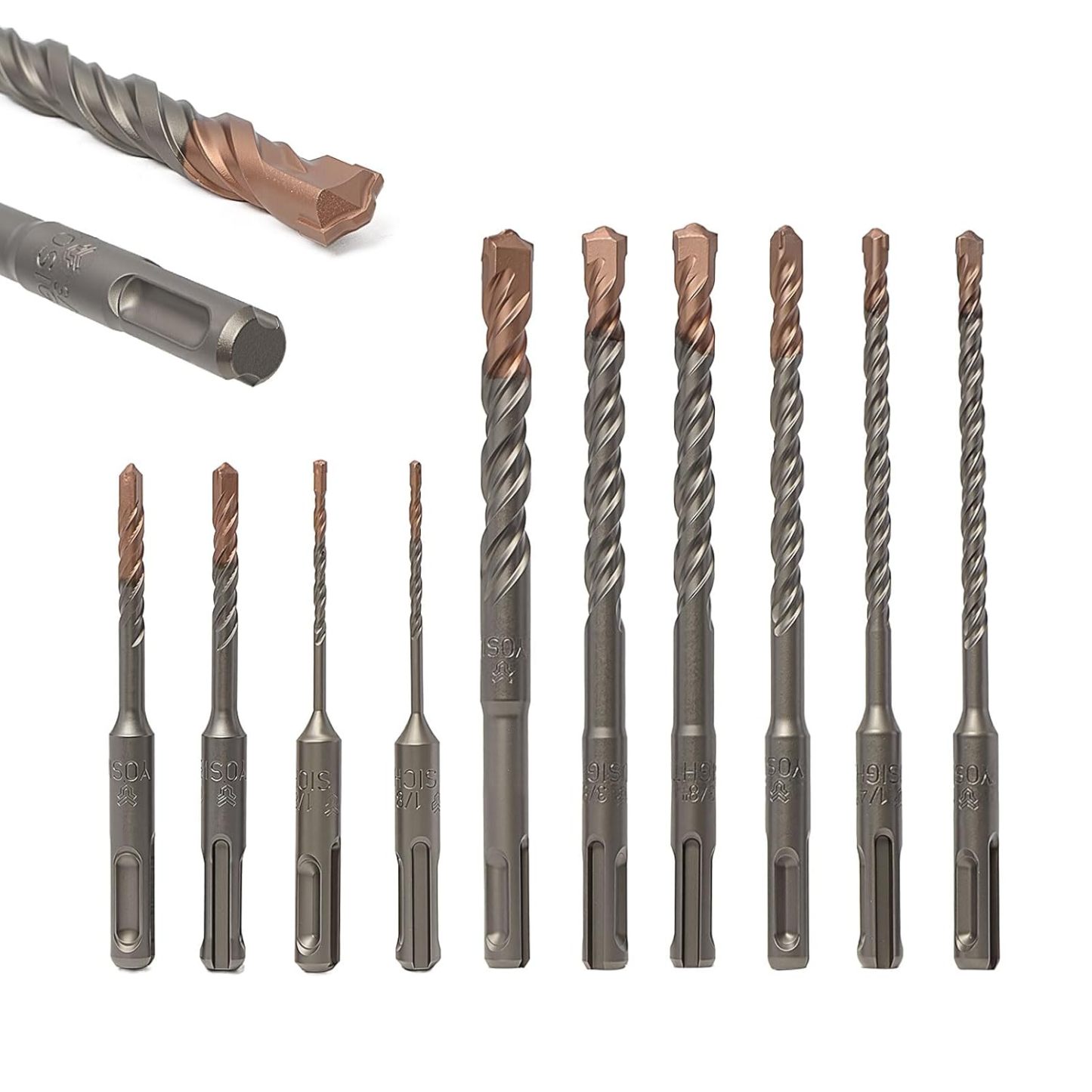 10Pcs SDS Plus Concrete Drill Bit Set – Carbide-Tipped Masonry Bits (1/8", 1/4" x2, 5/16", 3/8", 1/2") – Double Thread Copper-Plated Drill Bits for Concrete, Brick, Stone, Granite & Marble