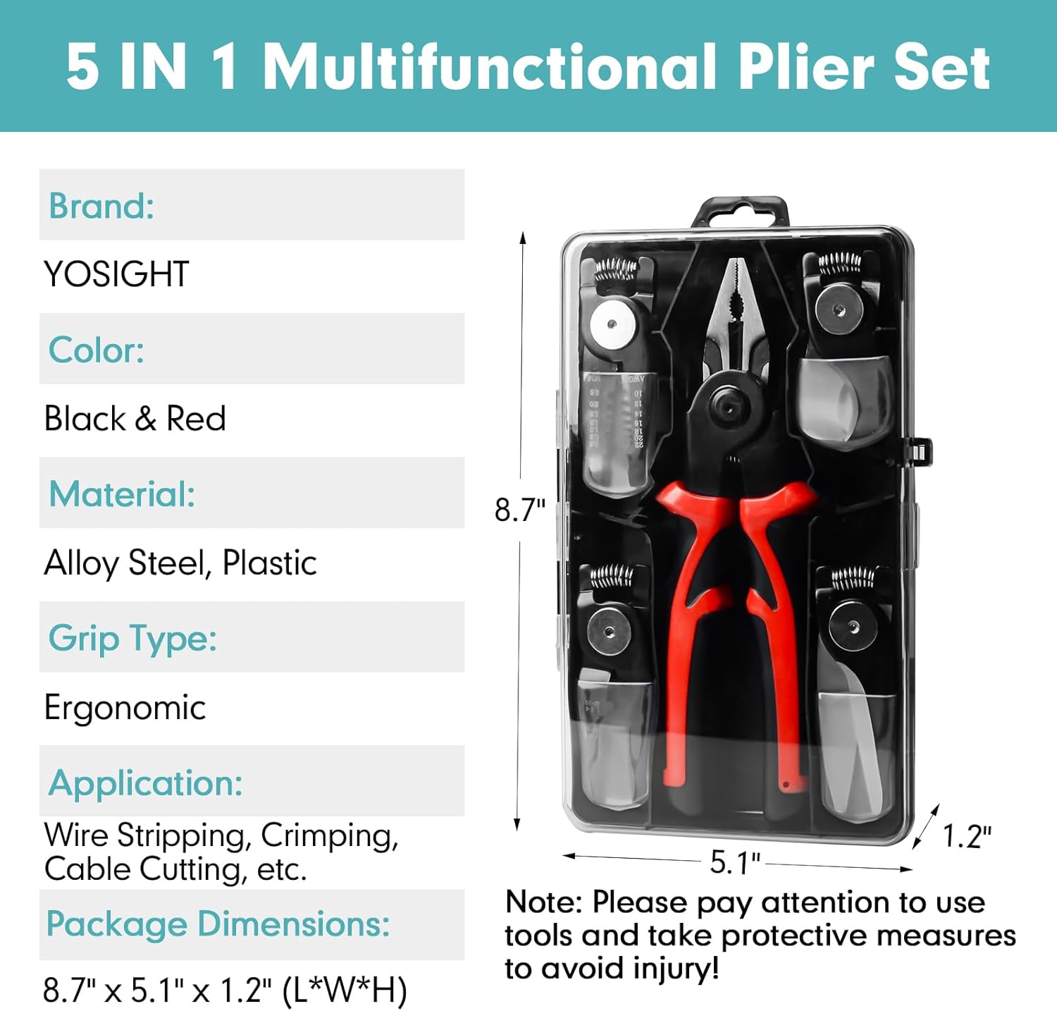 5 IN 1 Multifunctional Plier Tool Set - Wire Stripper, Crimping Plier, Cable Cutter, Electrician Scissors - 8 Inch Kit with Storage Case