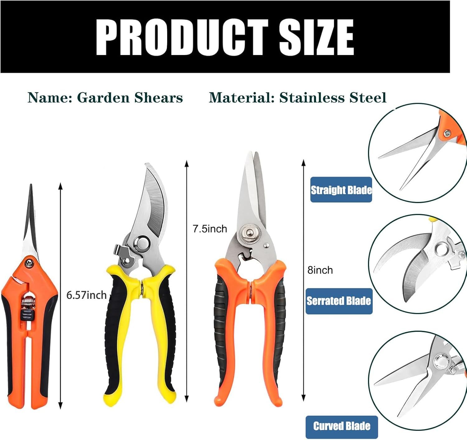 Garden Pruning Shears 3-Pack Stainless Steel Gardening Shears Garden Scissors Stainless Steel Plant Flower Scissors Pruning Snips and Clippers