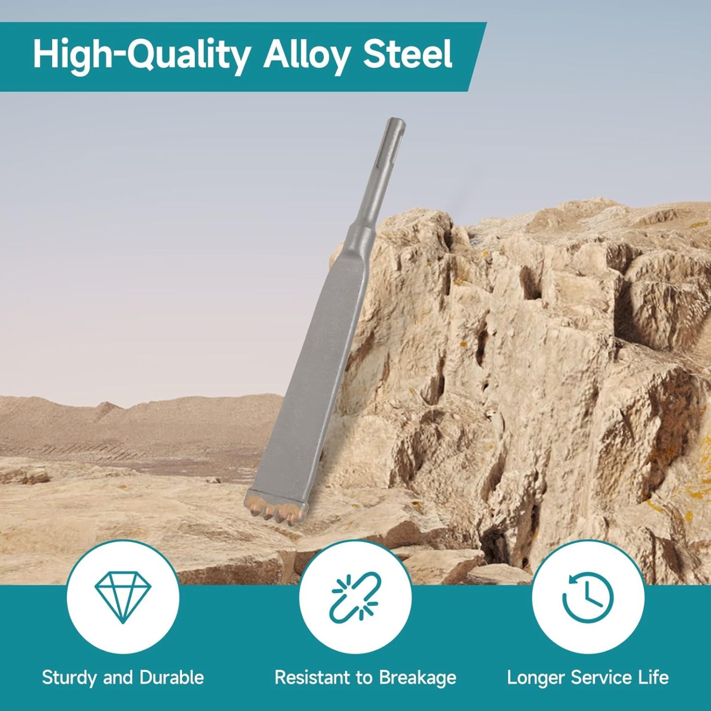 SDS Plus Shank Four-Tooth Chisel, 7-17/20 Inch Long Round Shank Alloy Steel Hammer Drill Chisel