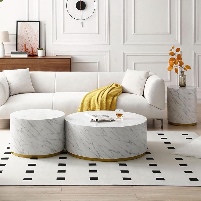 Modern White Coffee Table with Gold Rim Bottom & Marble Texture
