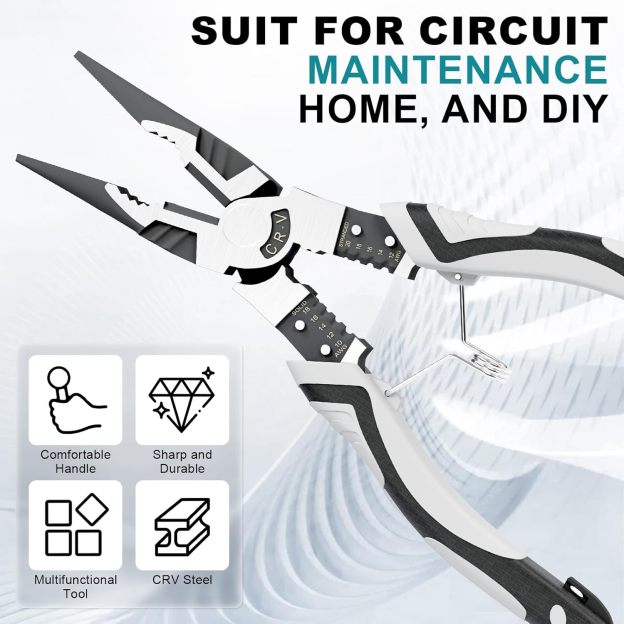 Needle Nose Pliers Heavy Duty, 9 Inch Long Multifunctional Long Nose Pliers, Wire Stripper/Crimper/Cutter in 1, Ideal Professional Universal Pliers Tool for Bending & Manipulating Small Parts