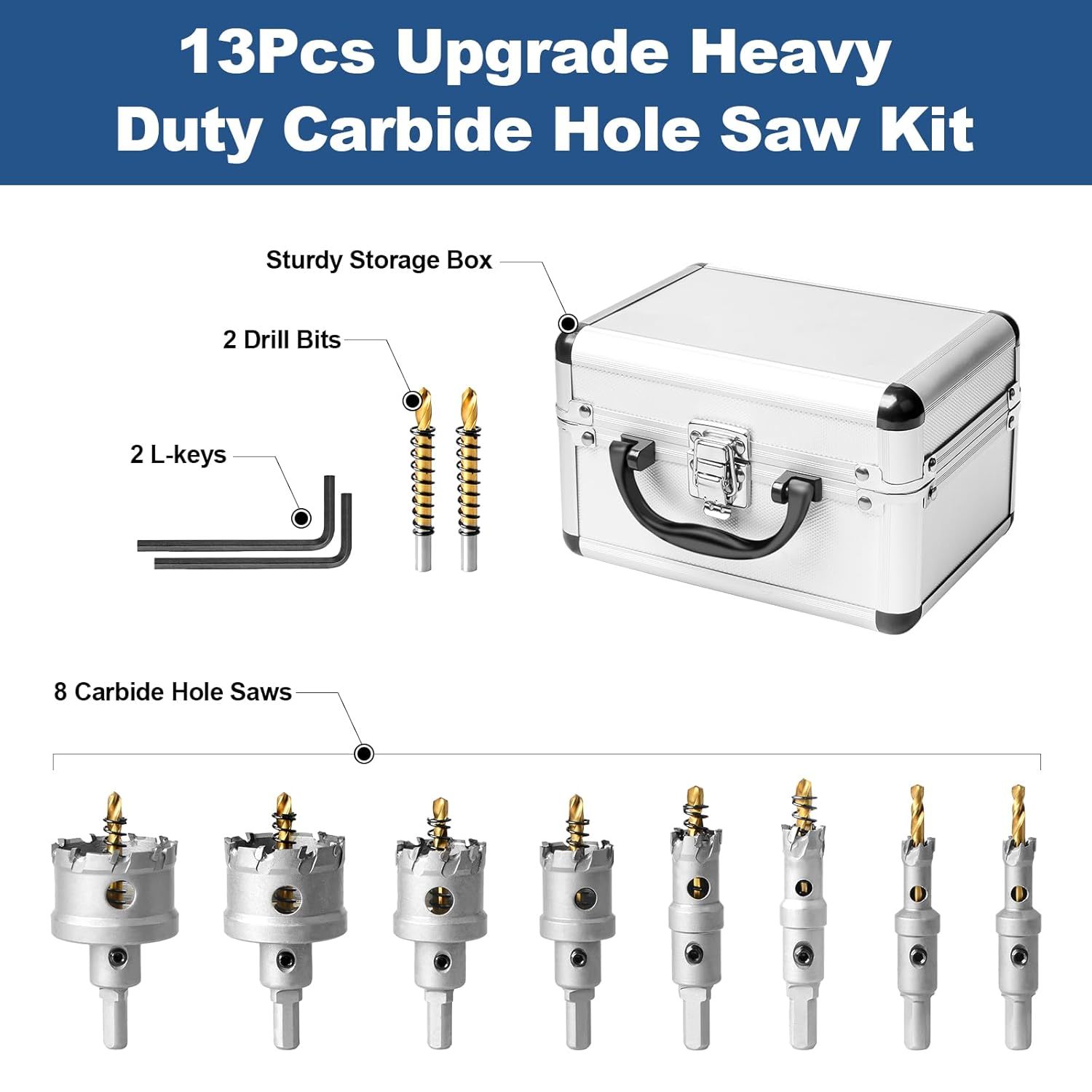 13Pcs Upgrade Heavy Duty Carbide Hole Saw Kit - Metal Steel Hole Saw Drill Bits TCT Hole Cutter with 2Pcs Center Drill 2Pcs L-Wrench for Metal, Steel, Iron, Alloy, Copper
