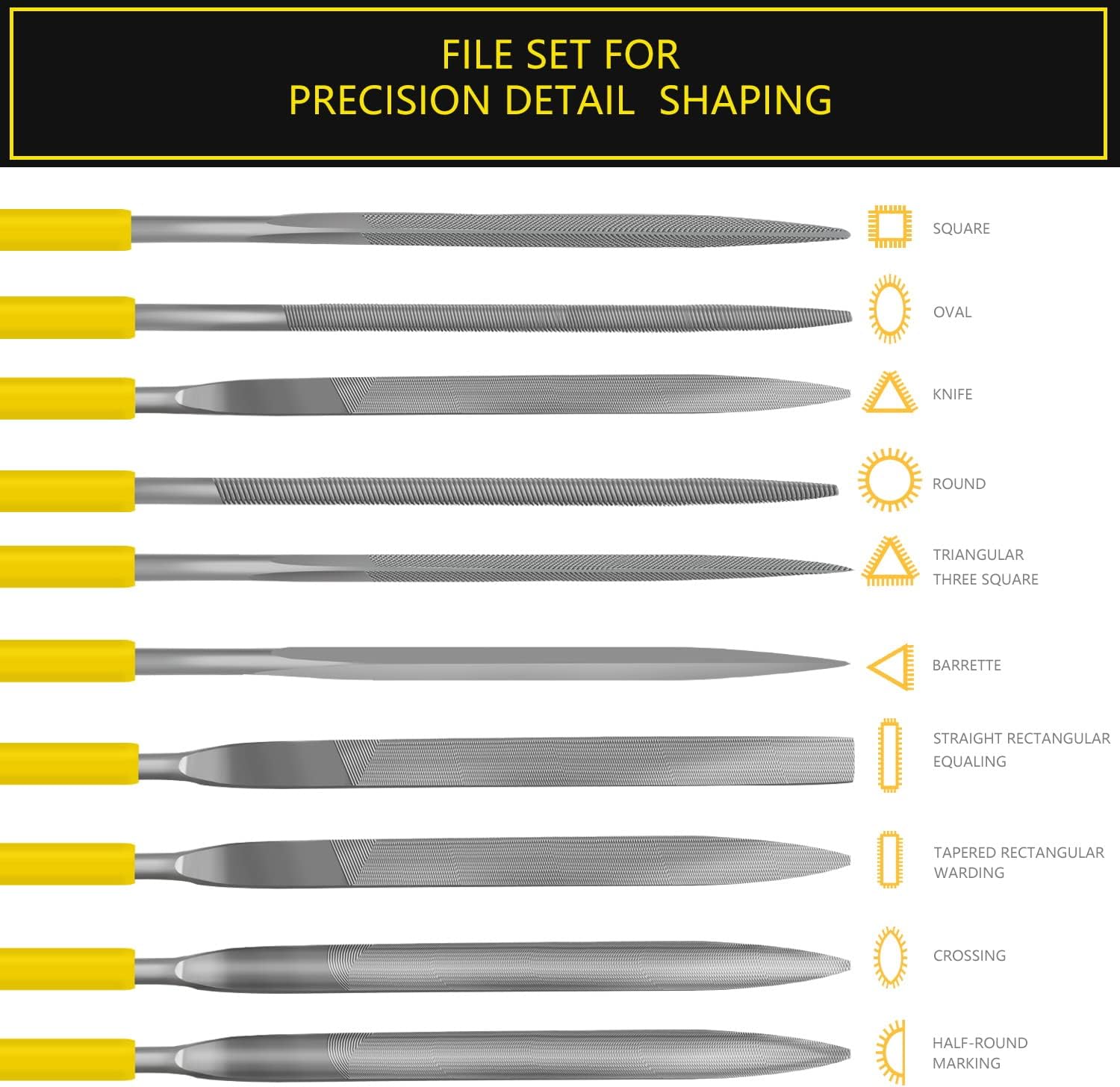 10 Pieces Hand Metal Files, Hardened Alloy Strength Steel Set includes Flat, Round, Half-Round, Triangular, Square, Oval, Crossing, and Barrette File