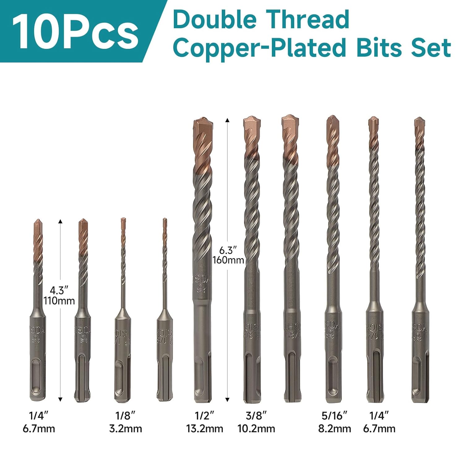 10Pcs SDS Plus Concrete Drill Bit Set – Carbide-Tipped Masonry Bits (1/8", 1/4" x2, 5/16", 3/8", 1/2") – Double Thread Copper-Plated Drill Bits for Concrete, Brick, Stone, Granite & Marble
