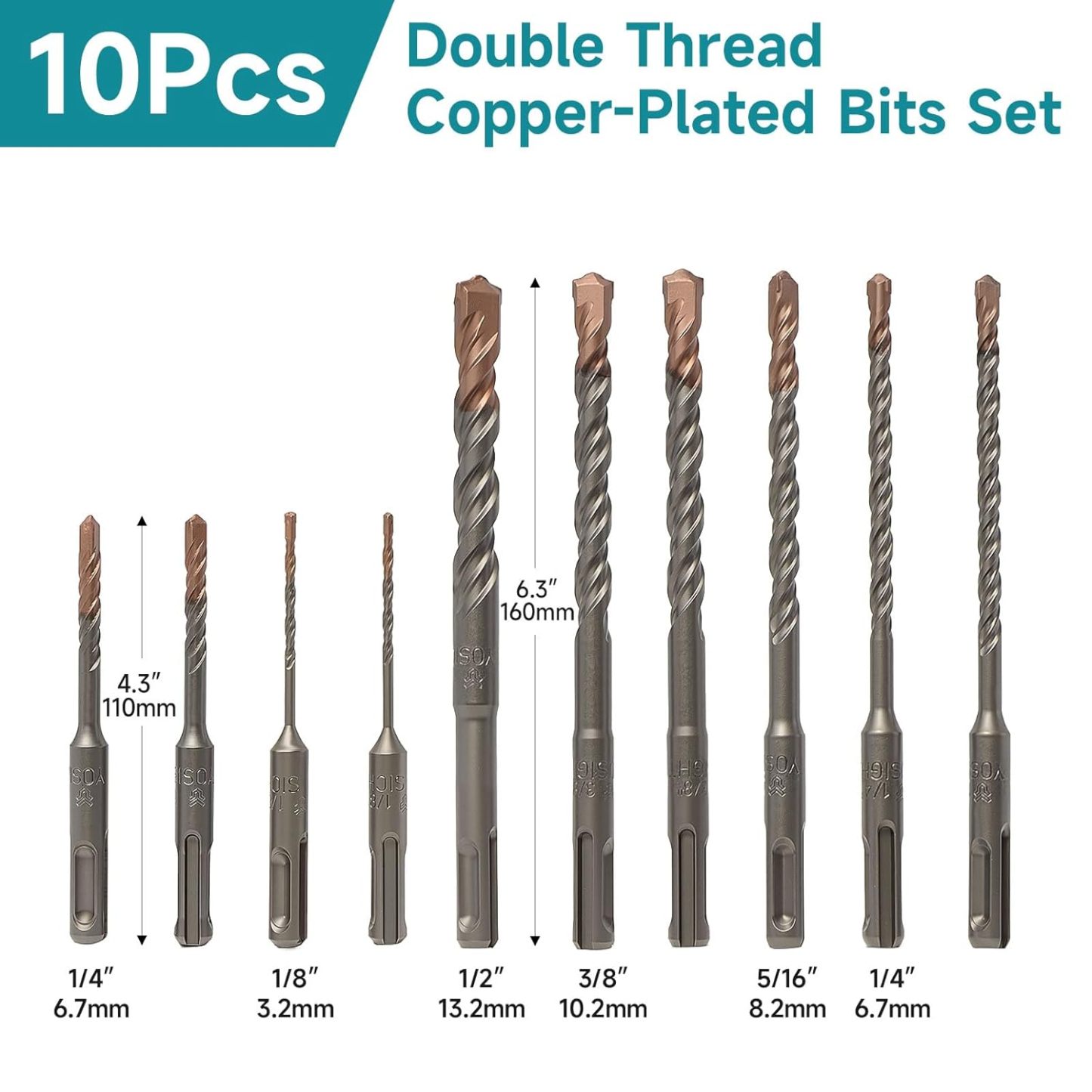 10Pcs SDS Plus Concrete Drill Bit Set – Carbide-Tipped Masonry Bits (1/8", 1/4" x2, 5/16", 3/8", 1/2") – Double Thread Copper-Plated Drill Bits for Concrete, Brick, Stone, Granite & Marble